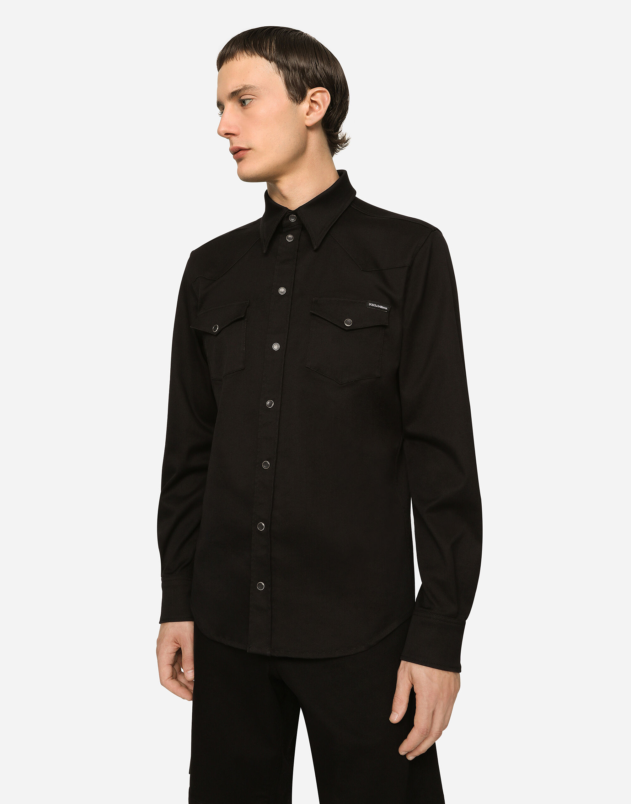 Coated black stretch denim shirt