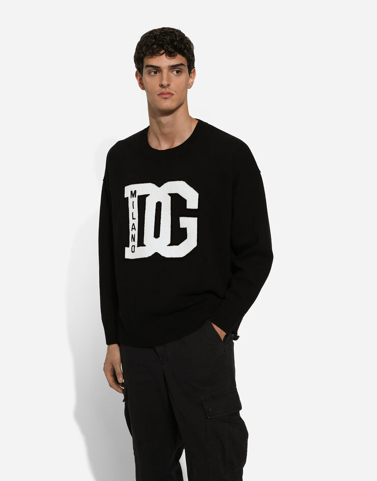 Dolce & Gabbana Wool round-neck sweater with DG inlay Black GXX60ZJFMEY