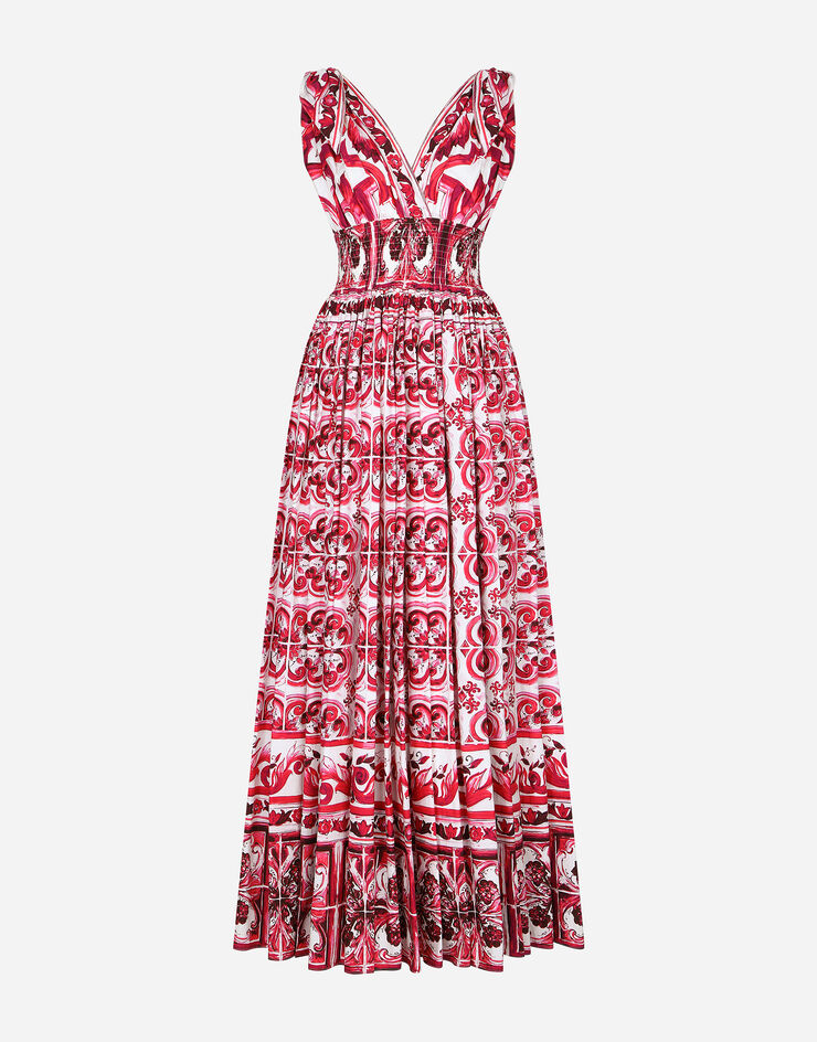 Dolce&Gabbana Robe longue en popeline à imprimé majoliques Multicolore F6ADOTHH5AP