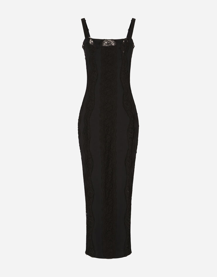 Dolce&Gabbana Longuette-Kleid aus Jersey mit Einsätzen aus Spitze Schwarz F6BDWTFUGKF