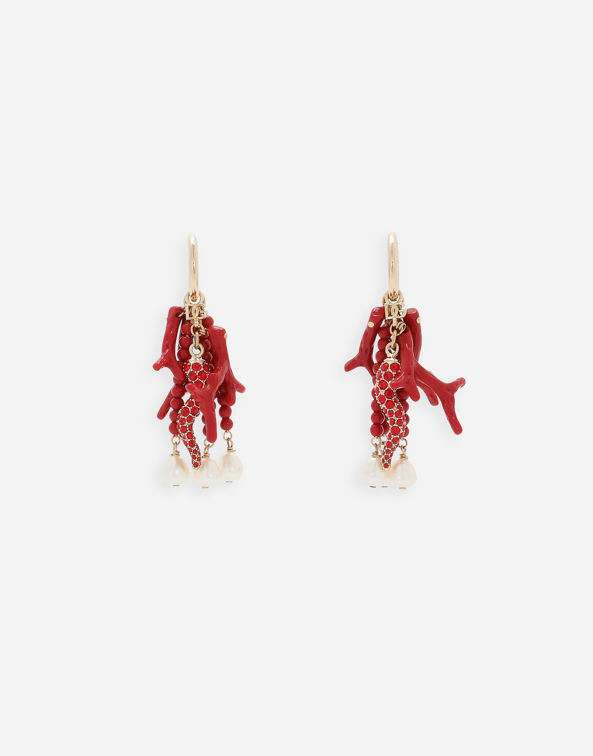Dolce & Gabbana Серьги-креолы с перчиком, ветвями коралла и жемчужинами золотой WEQ6M5W1111