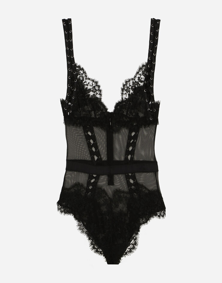 Dolce & Gabbana Lace and tulle bodysuit with lacing and eyelets Black O9C15TONM80