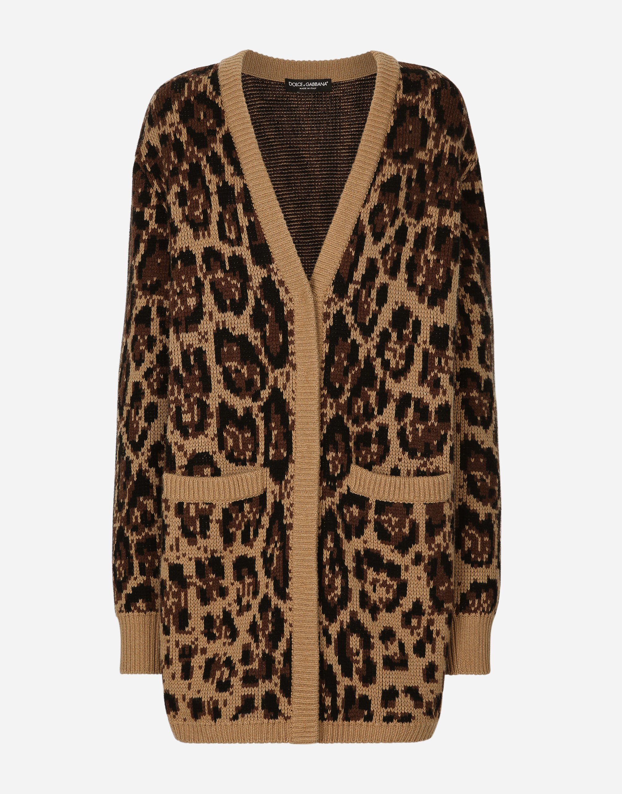${brand} Long wool and cashmere cardigan with jacquard leopard design ${colorDescription} ${masterID}