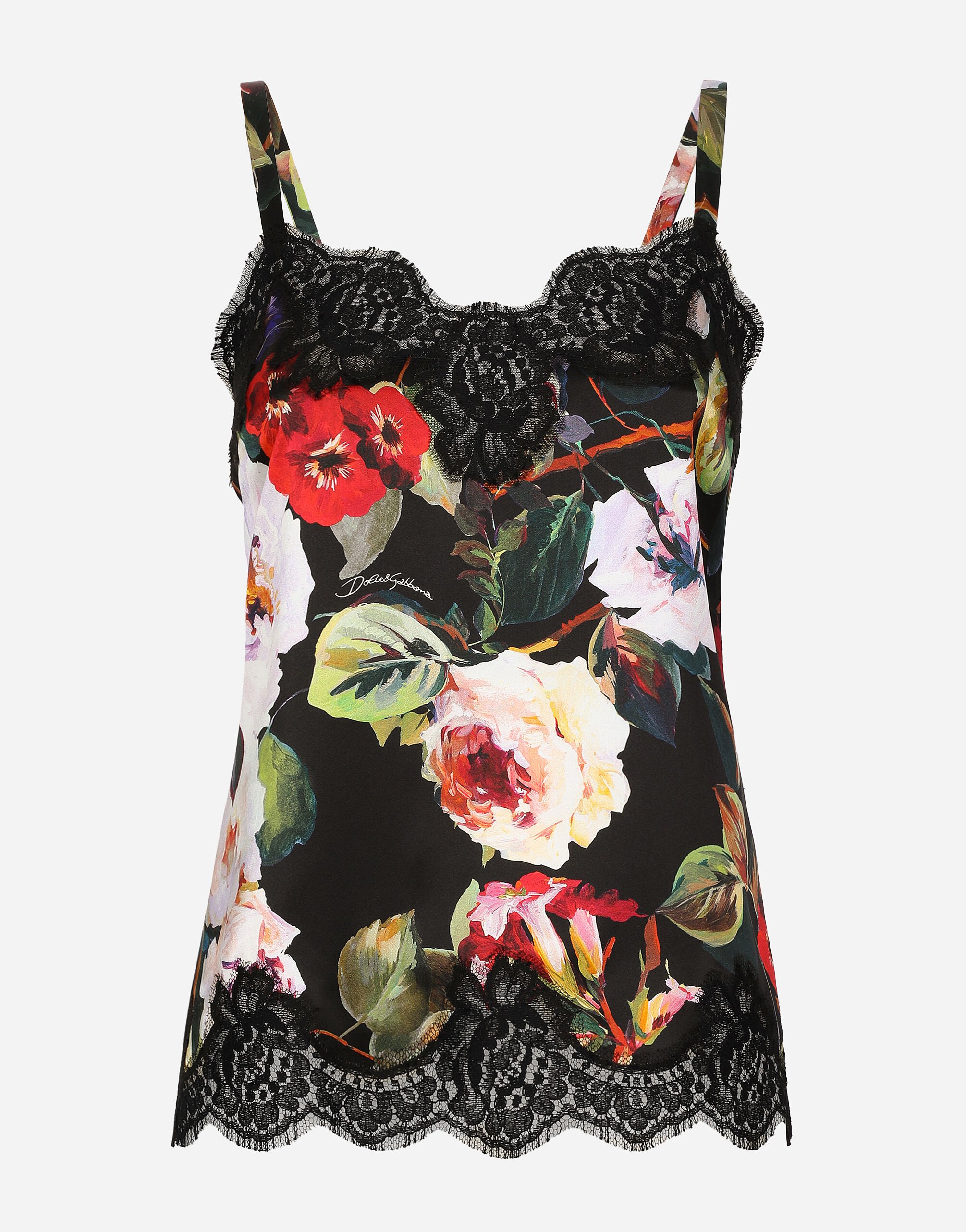 Dolce & Gabbana Satin lingerie-style top with rose garden print and lace detailing White O1F45TONP15