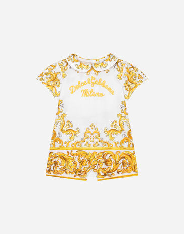 ${brand} Tutina in jersey con stampa maiolica gialla e logo Dolce&Gabbana ${colorDescription} ${masterID}