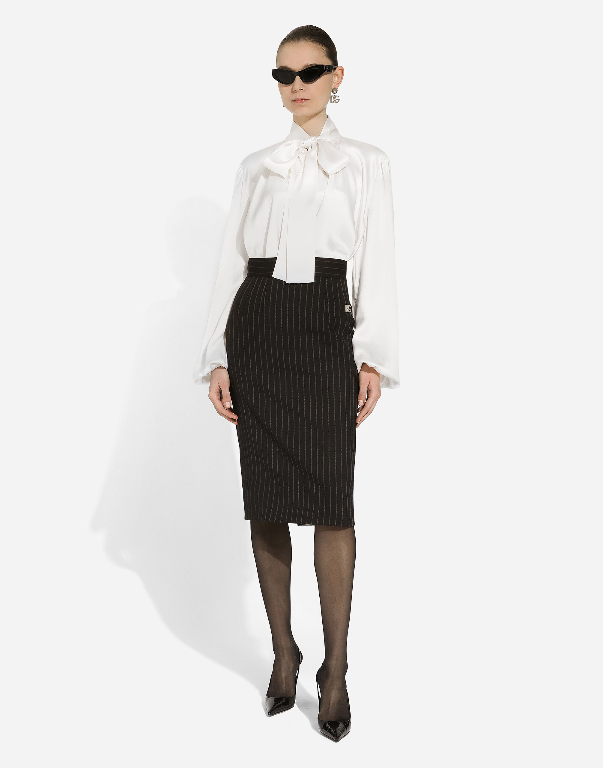 Short straight-cut pinstripe wool skirt