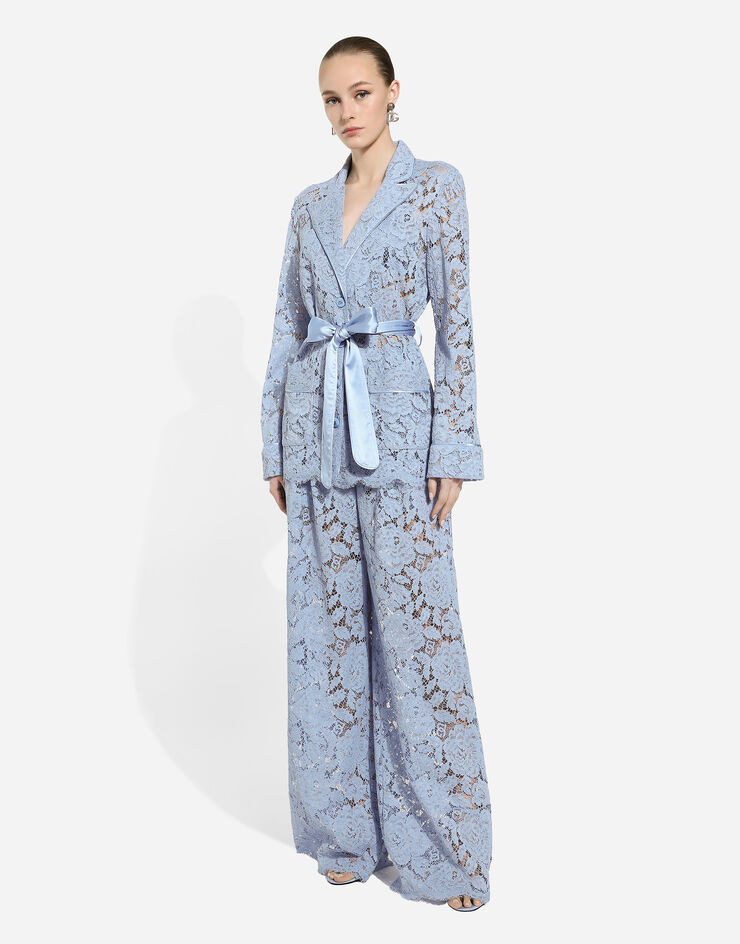 Dolce & Gabbana Pyjamabluse aus floraler Kordelspitze mit DG-Logo Azurblau F5R56THLM7L