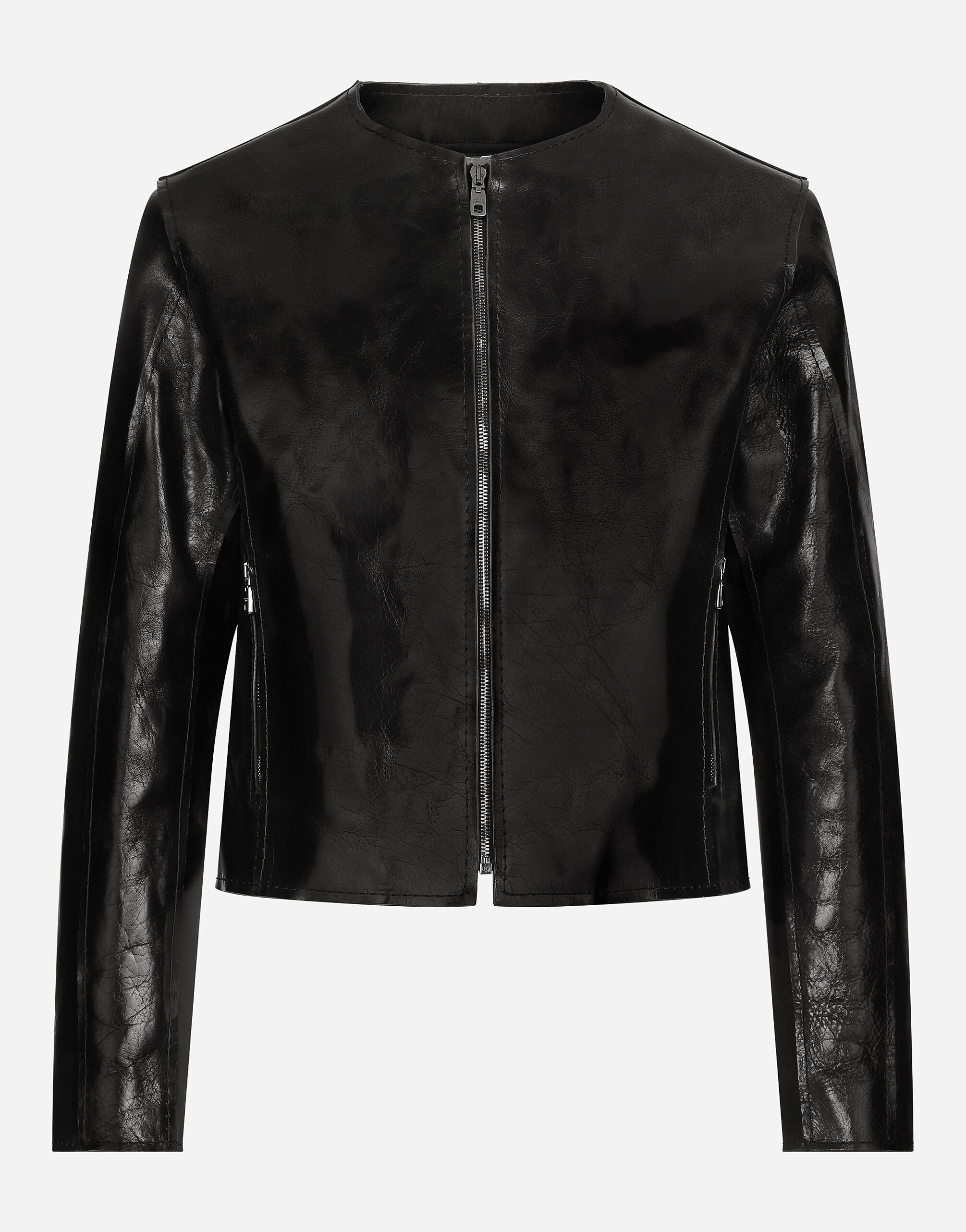 ${brand} Collarless leather jacket ${colorDescription} ${masterID}