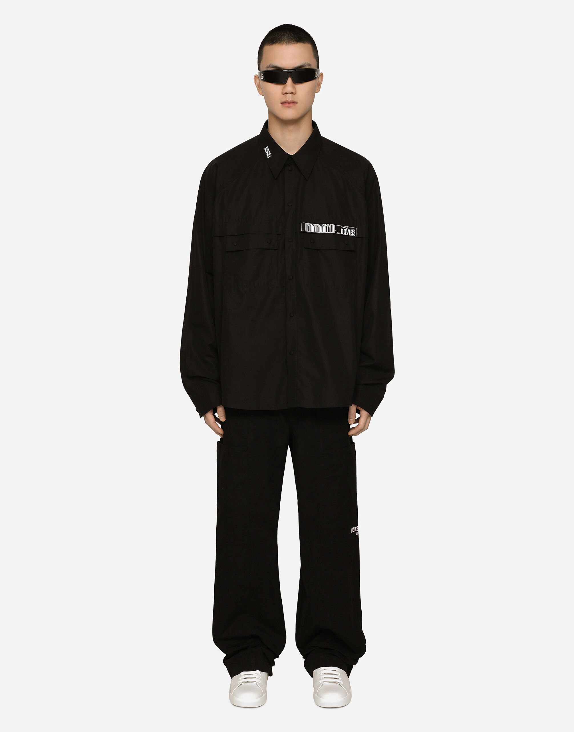 Dolce & Gabbana Camisa en popelina de algodón con estampado DGVIB3 Negro G5JY2TGH401