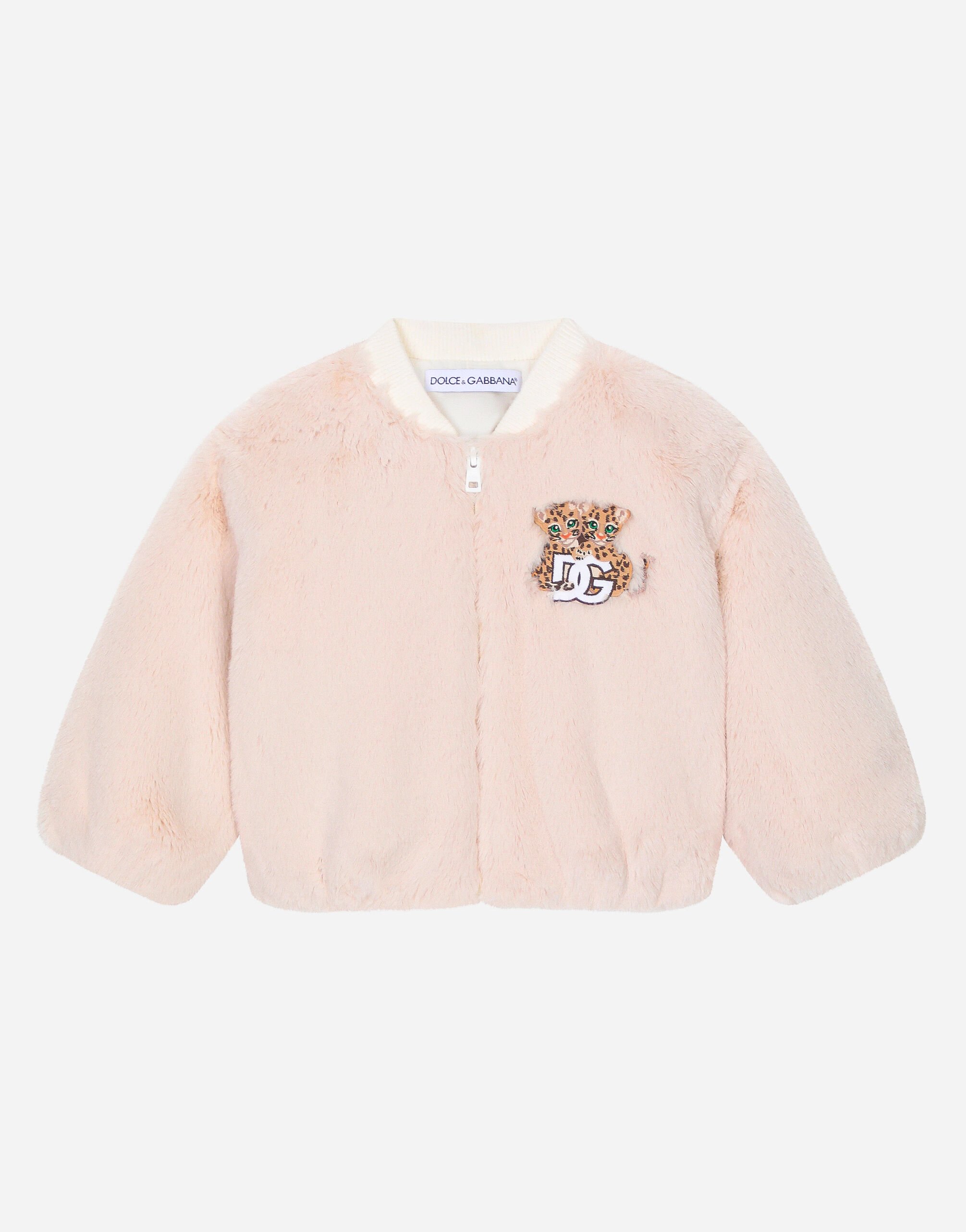 ${brand} Faux fur bomber jacket with embroidered baby leopard patch ${colorDescription} ${masterID}