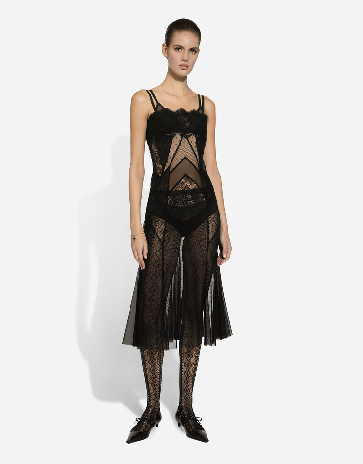 Dolce & Gabbana Tulle, mesh and lace calf-length slip dress Black F6JBVTGDCER