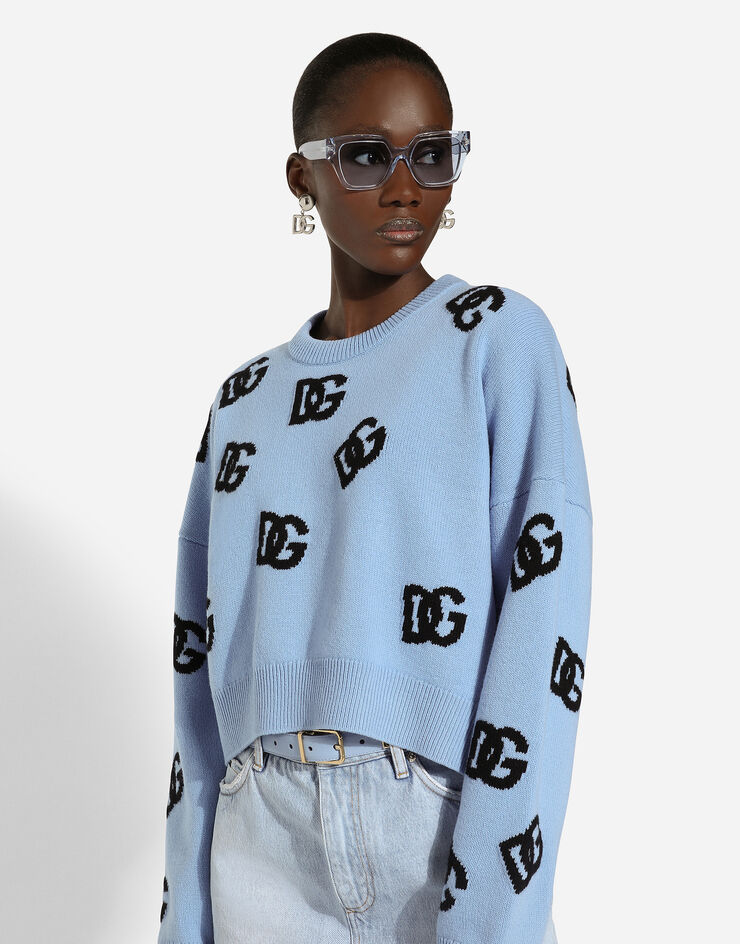 Dolce & Gabbana Wool round-neck sweater with DG logo inlay Azure FXX63TJCVZL