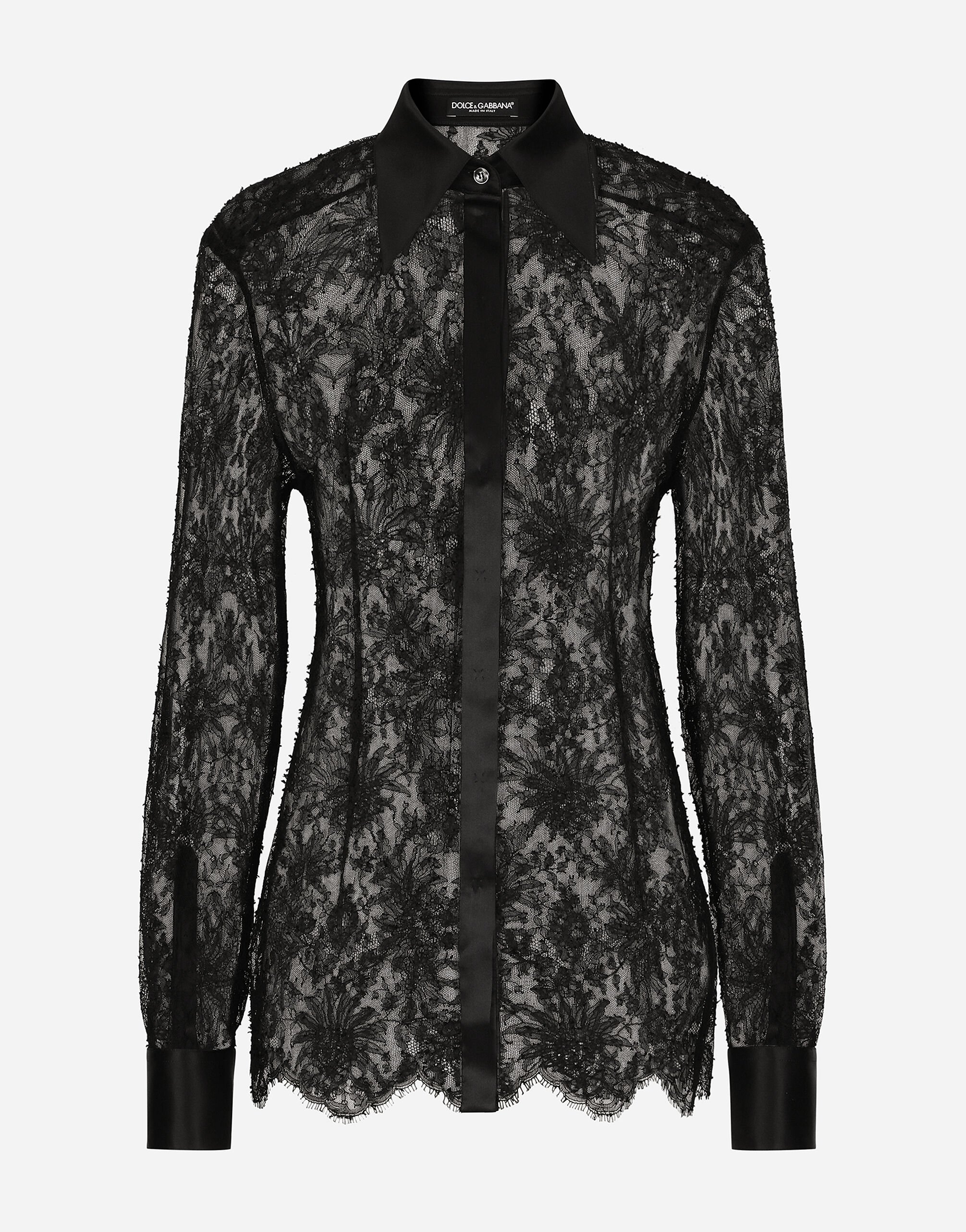 Dolce&Gabbana قميص من دانتيل شانتيل بتفاصيل ساتان أسود F6DKITFU1AT