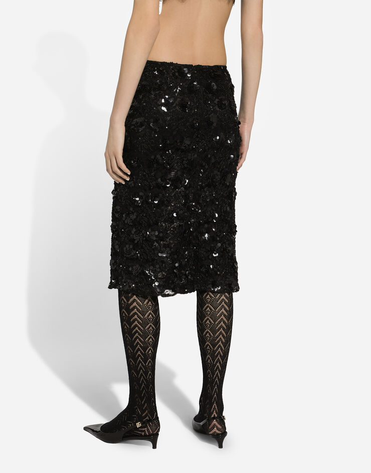 Dolce & Gabbana Lace calf-length skirt with all-over sequins Black F4CW8ZILMA0