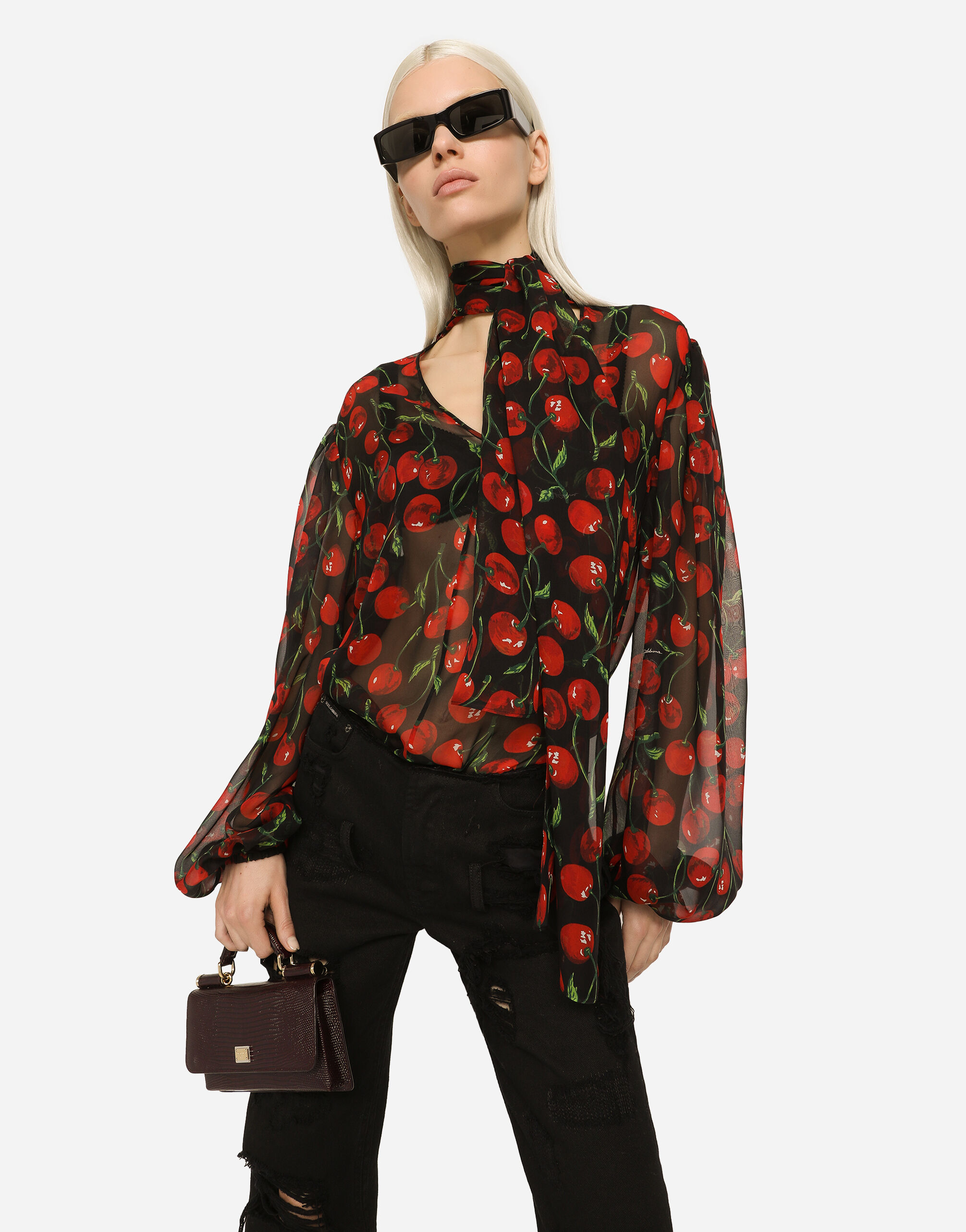 Dolce&Gabbana Cherry-print chiffon pussy-bow blouse female Multicolor