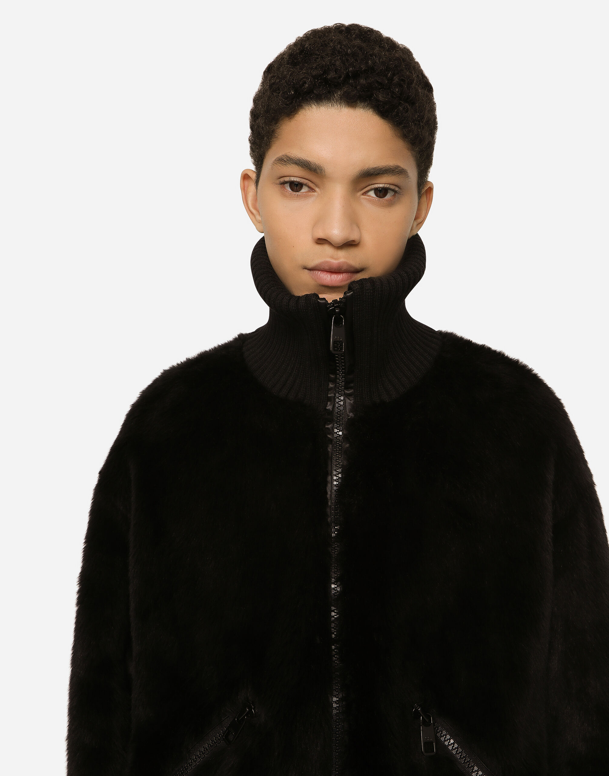 Faux fur jacket with logo tag in Black for | Dolce&Gabbana® US