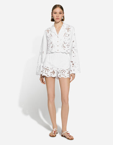 Dolce & Gabbana Short en coton avec broderie ajourée Blanc FTC5RZGDCJ0