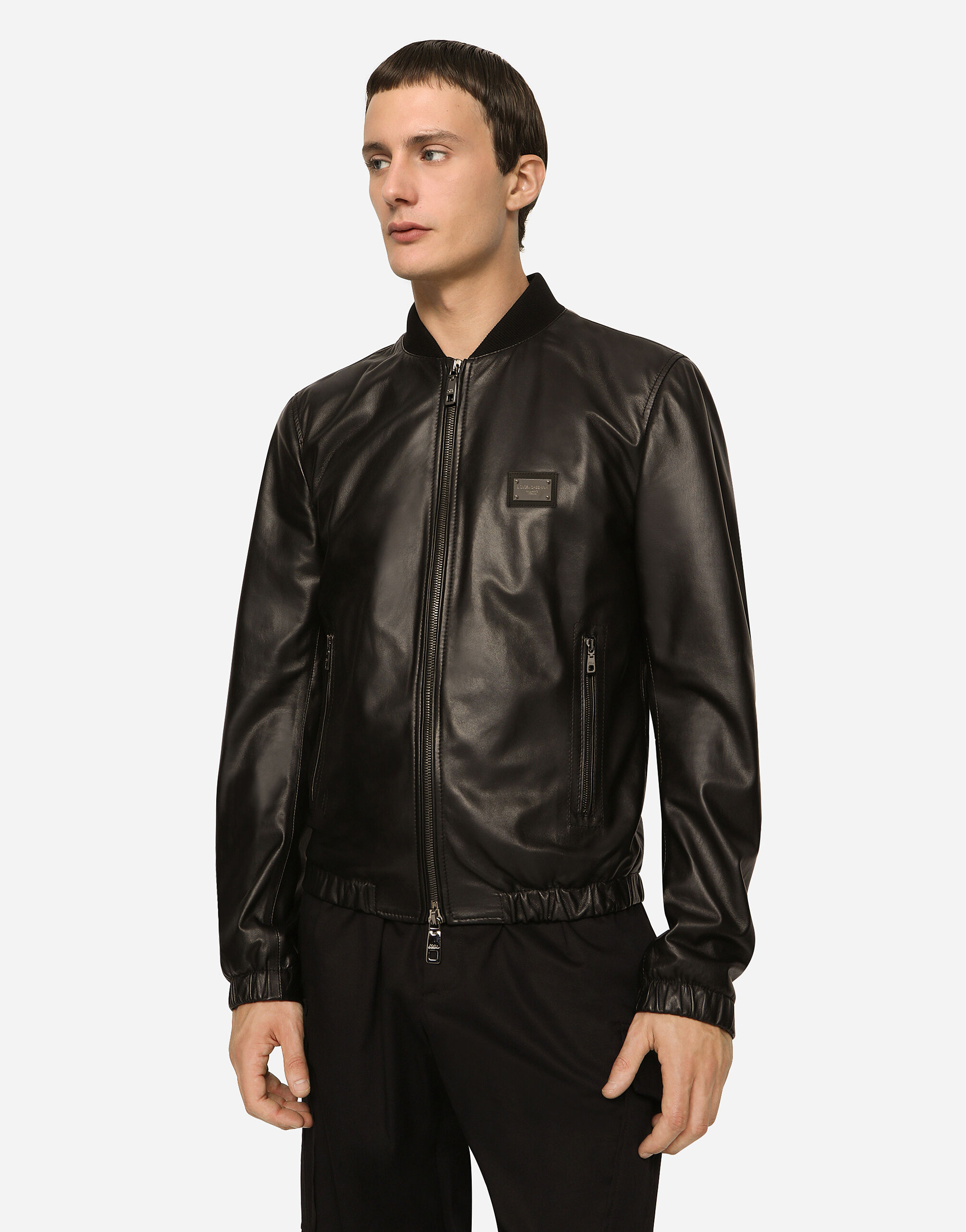 Leather jacket with branded tag in Black for | Dolce&Gabbana® US