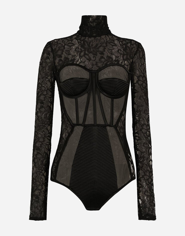 High Quality FULL FIGURE Black Lace BODYSUIT With Long Sleeves