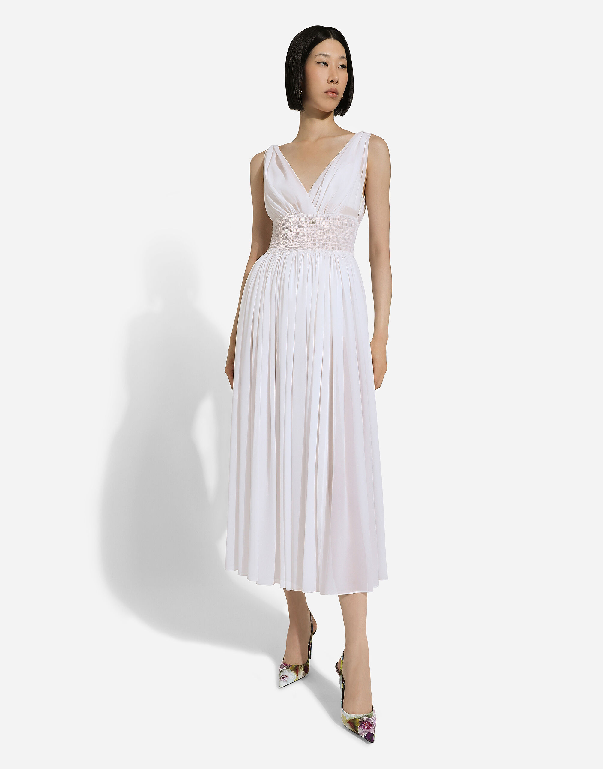 V-neck midi dress in silk georgette in White for | Dolce&Gabbana® US