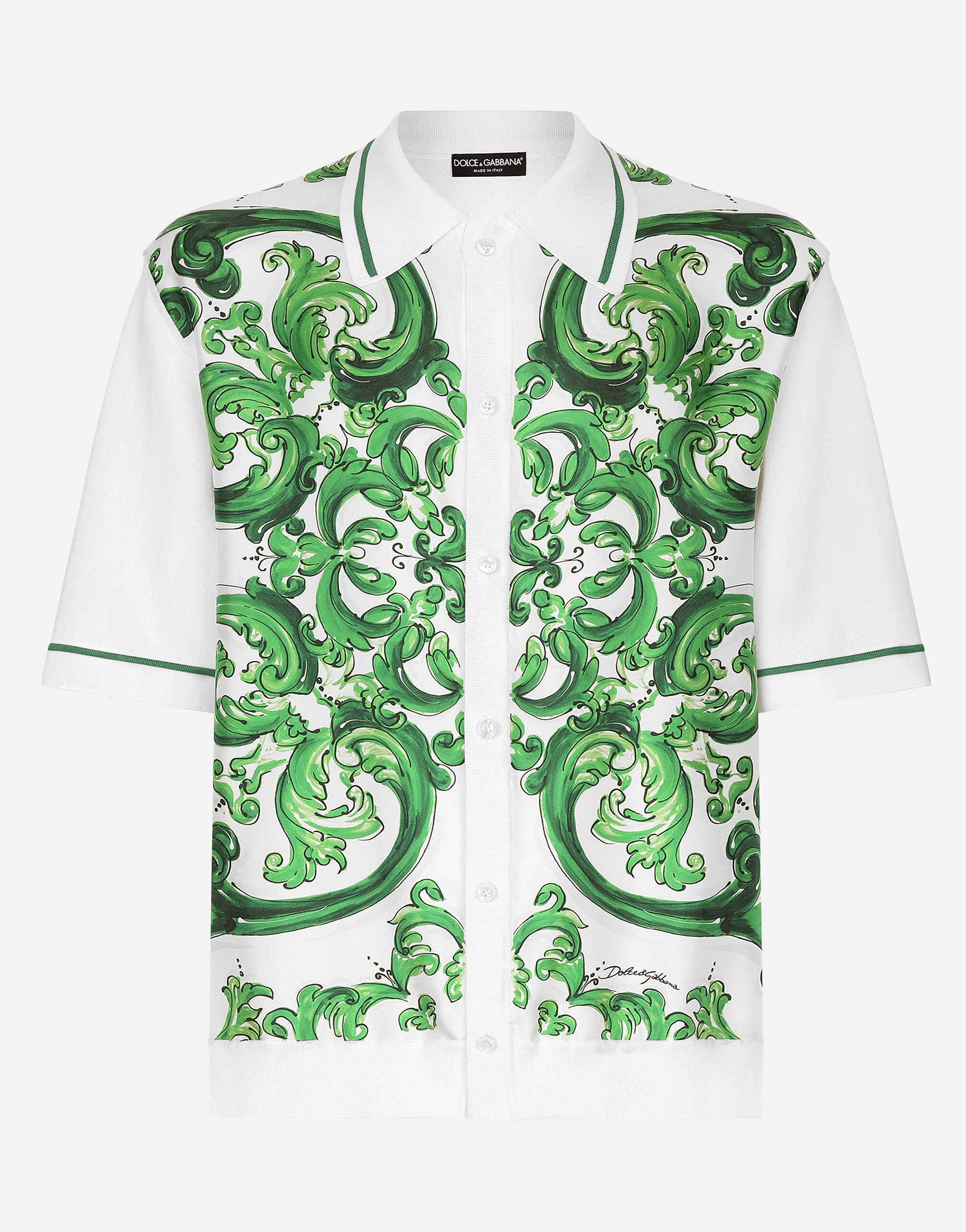 Dolce & Gabbana Oversize silk and yarn shirt with majolica print Green BM2335AG182
