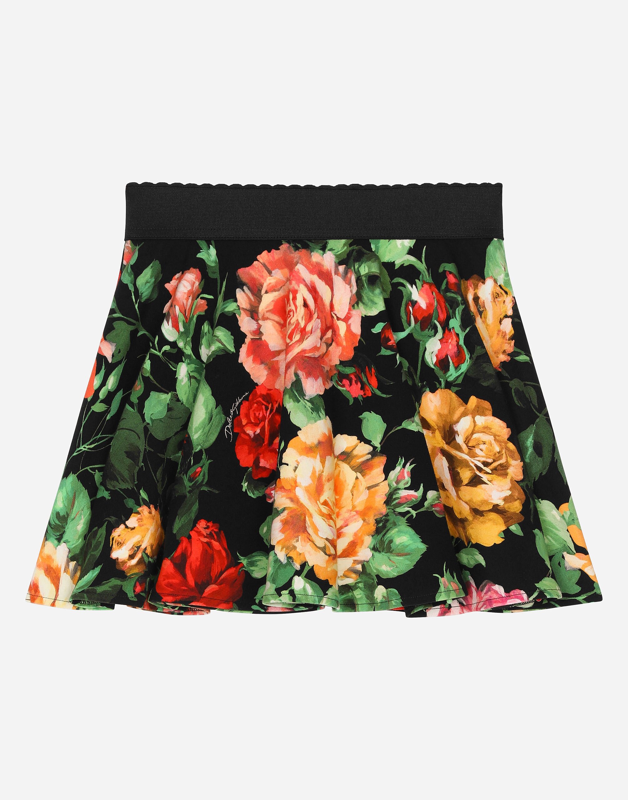 ${brand} Interlock skirt with rose print over a black background ${colorDescription} ${masterID}