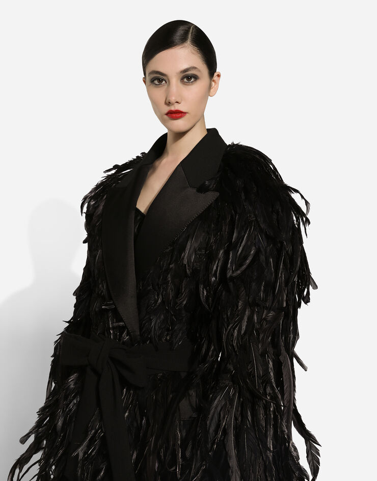 Dolce & Gabbana Wool gabardine coat with all-over rooster feather embellishment Black F0W2GZGDCRQ