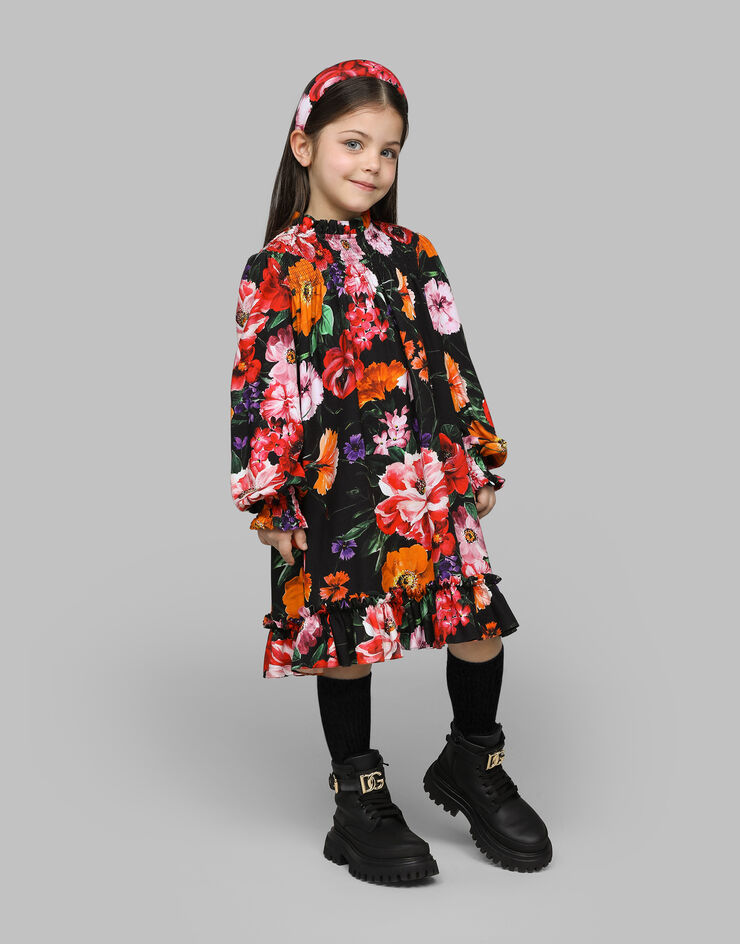 Dolce & Gabbana Viyella dress with floral print over a black background Print L53DX7FS8DD