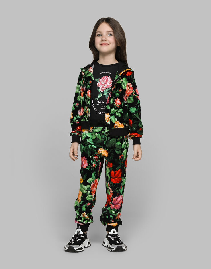 Dolce & Gabbana Chenille hoodie with rose print over a black background Print L5JWBBHS7O9