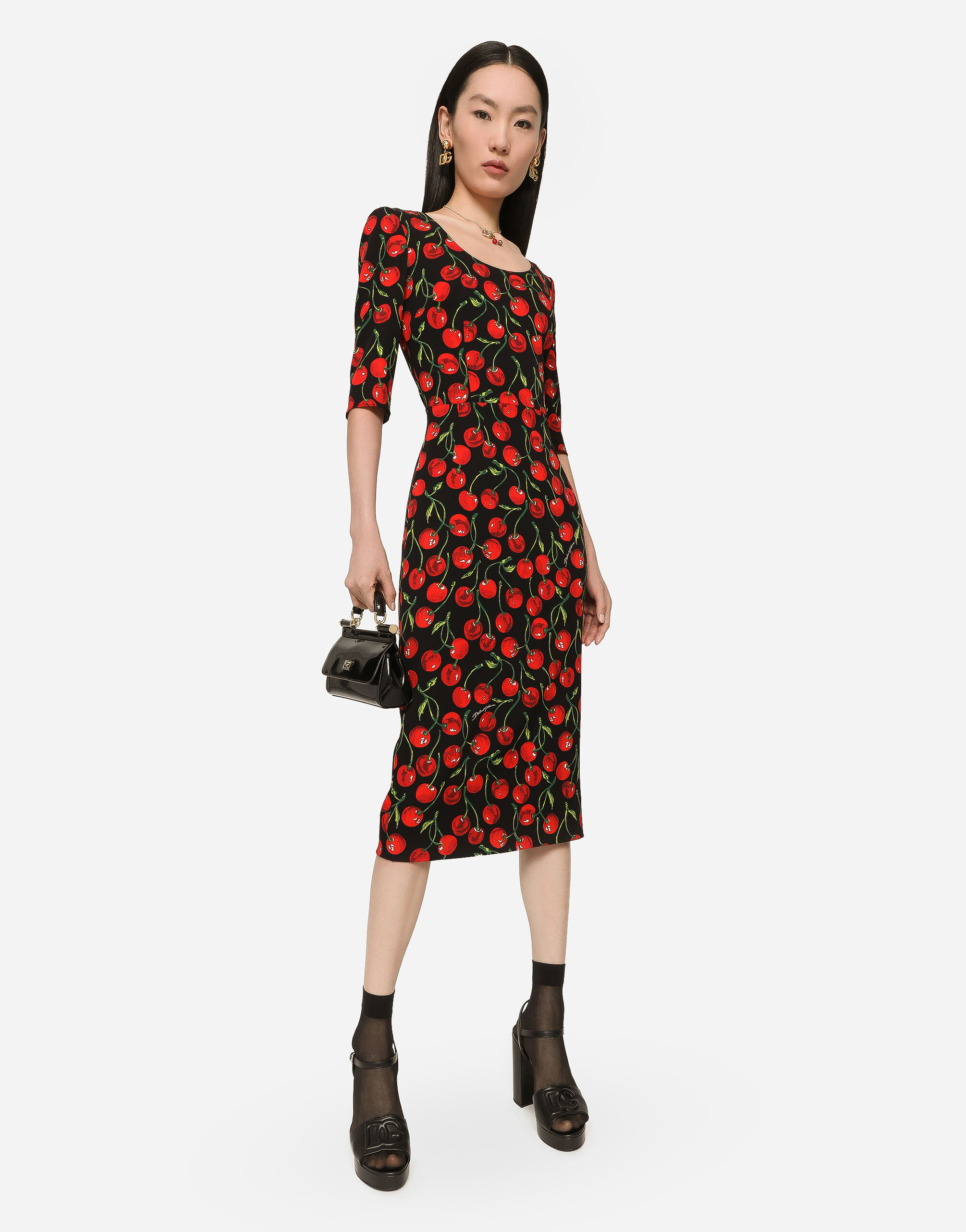 Cherry-print charmeuse calf-length dress in Multicolor for 