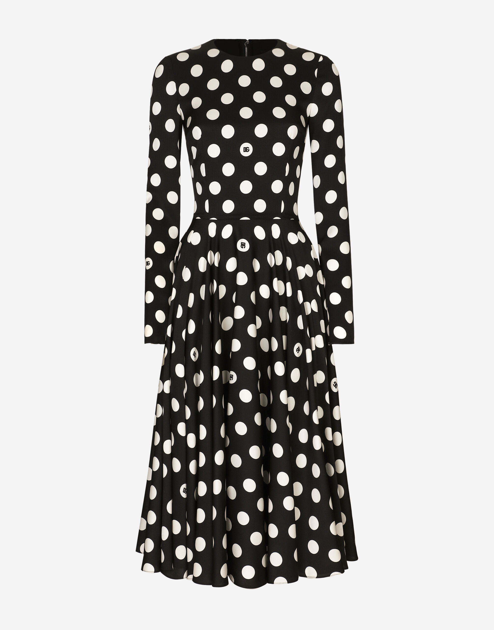 ${brand} Charmeuse calf-length circle-skirt dress with polka-dot print ${colorDescription} ${masterID}