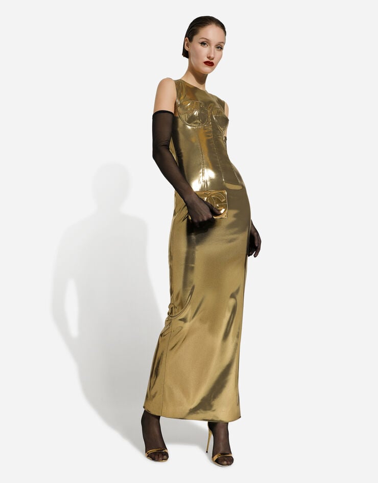 Dolce&Gabbana Langes Bustierkleid aus Satin in Metallic-Optik Gold F6DHYTFURMT