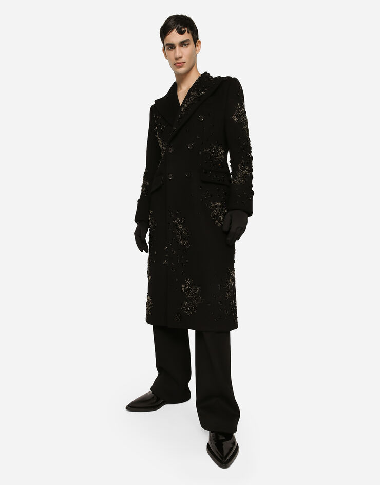 Dolce&Gabbana Zweireihiger Mantel mit Stickereien und Steinen Schwarz G041HZGH090