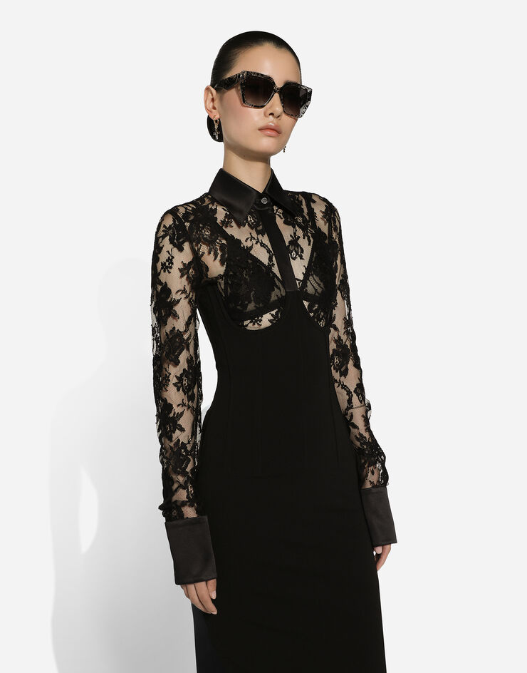 Dolce & Gabbana Calf-length jersey and lace dress with corset details Black F6JFZTGDCH0