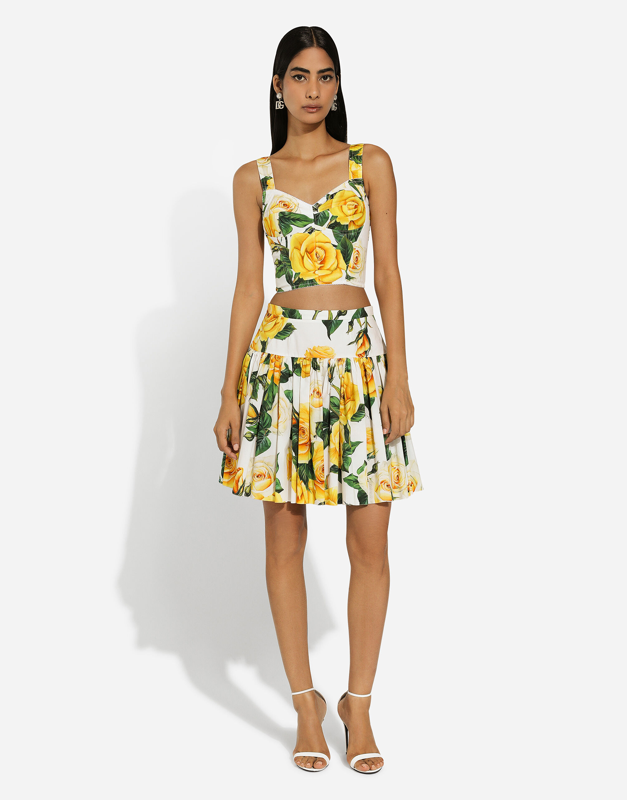 Short circle skirt in yellow rose-print cotton