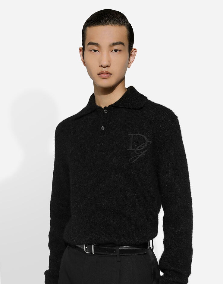 Dolce & Gabbana Langarm-Poloshirt aus Wolle mit Logostickerei Grau GXZ48ZJFMIM