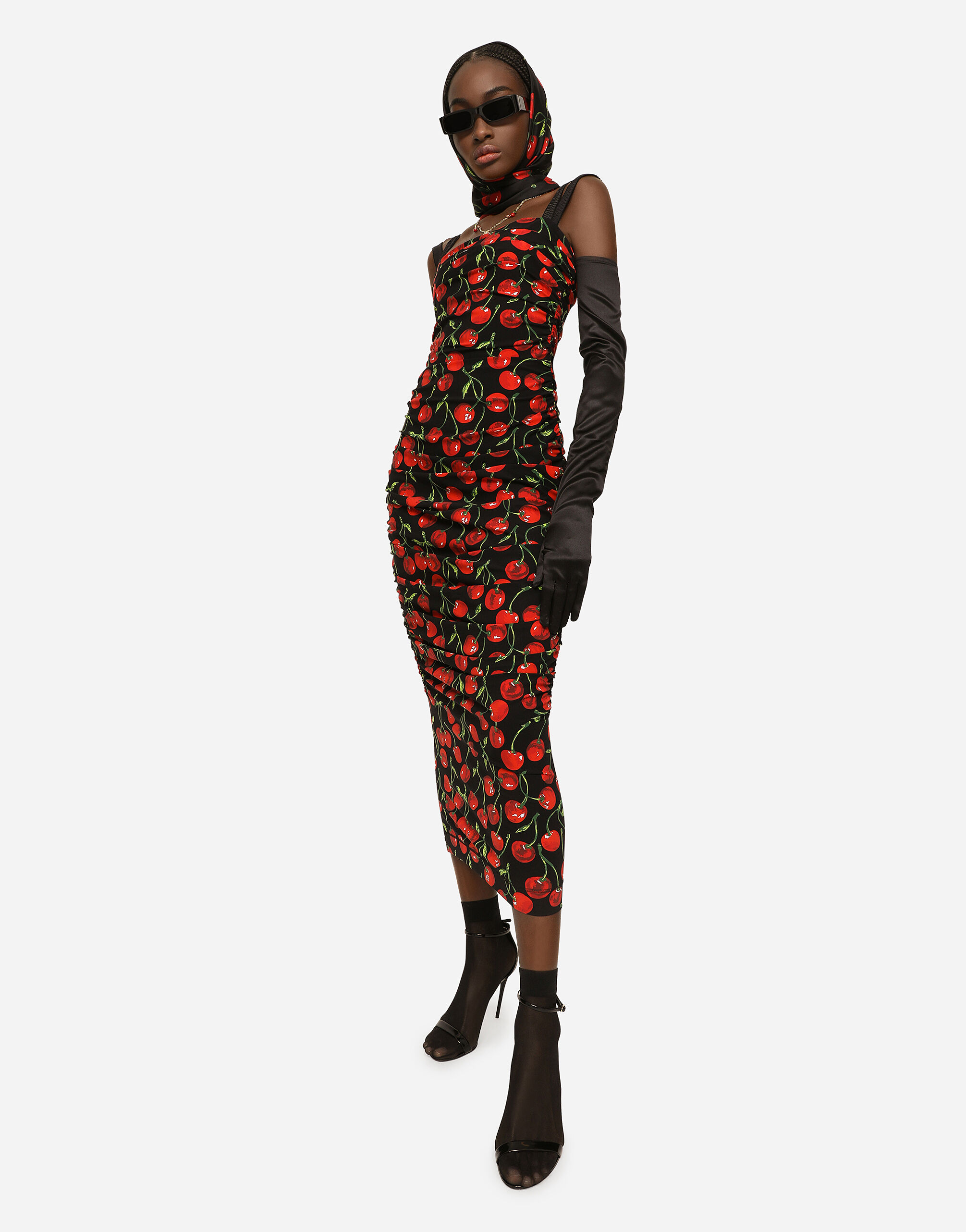 Cherry-print jersey calf-length dress with draping in Multicolor 