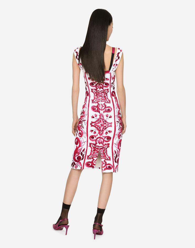 Dolce&Gabbana Vestido midi de rizo con estampado Maiolica Multicolor F6CNRTGDBSW