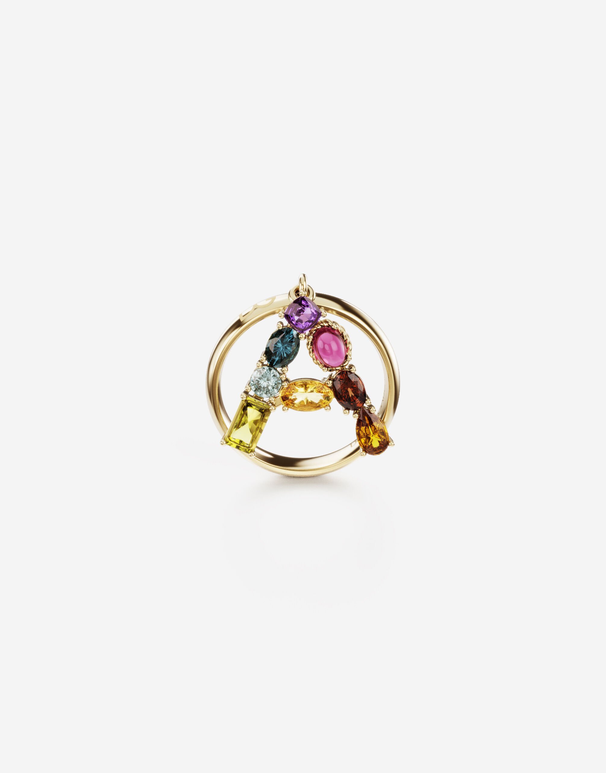 ${brand} Rainbow alphabet A ring in yellow gold with multicolor fine gems ${colorDescription} ${masterID}