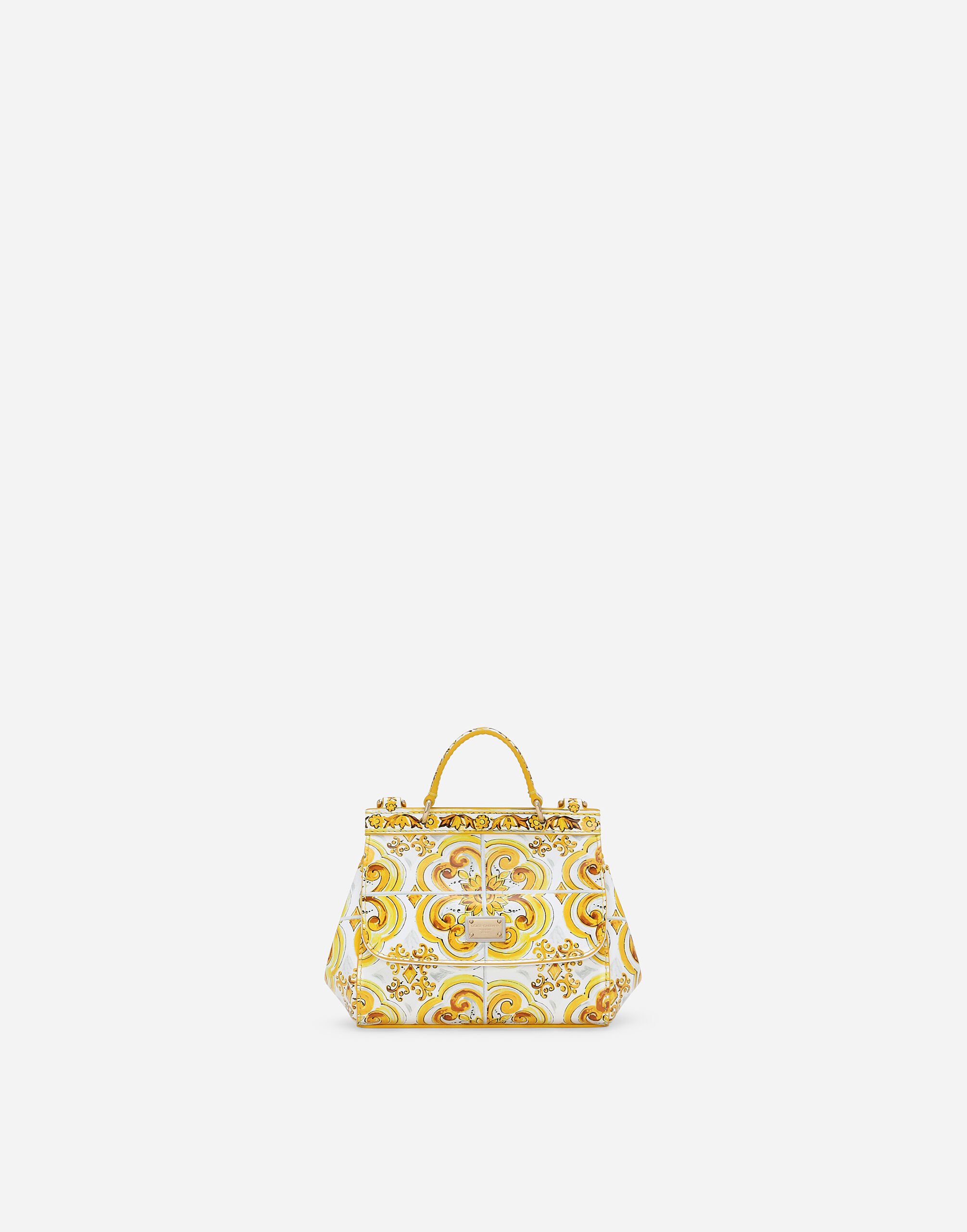 ${brand} Polished calfskin Sicily bag with yellow majolica print ${colorDescription} ${masterID}
