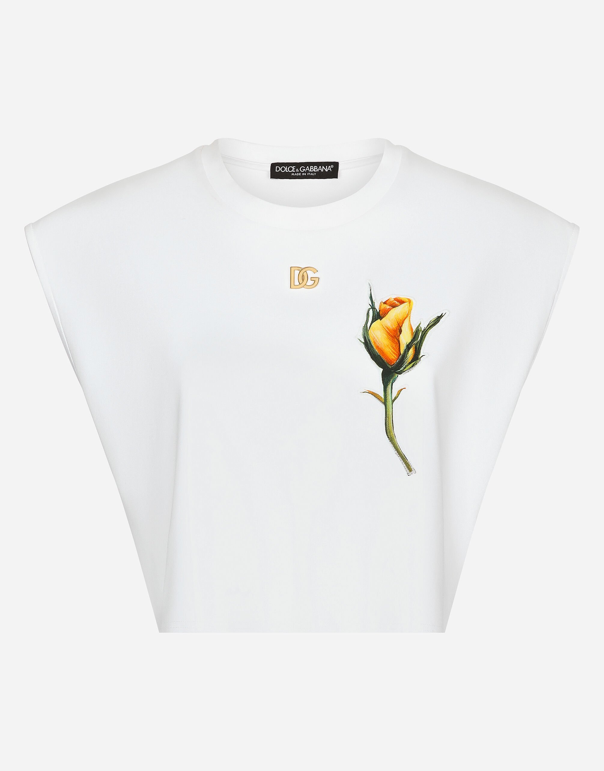 Dolce & Gabbana Cropped jersey T-shirt with DG logo and rose-embroidered patch White FXZ05TJFMEB