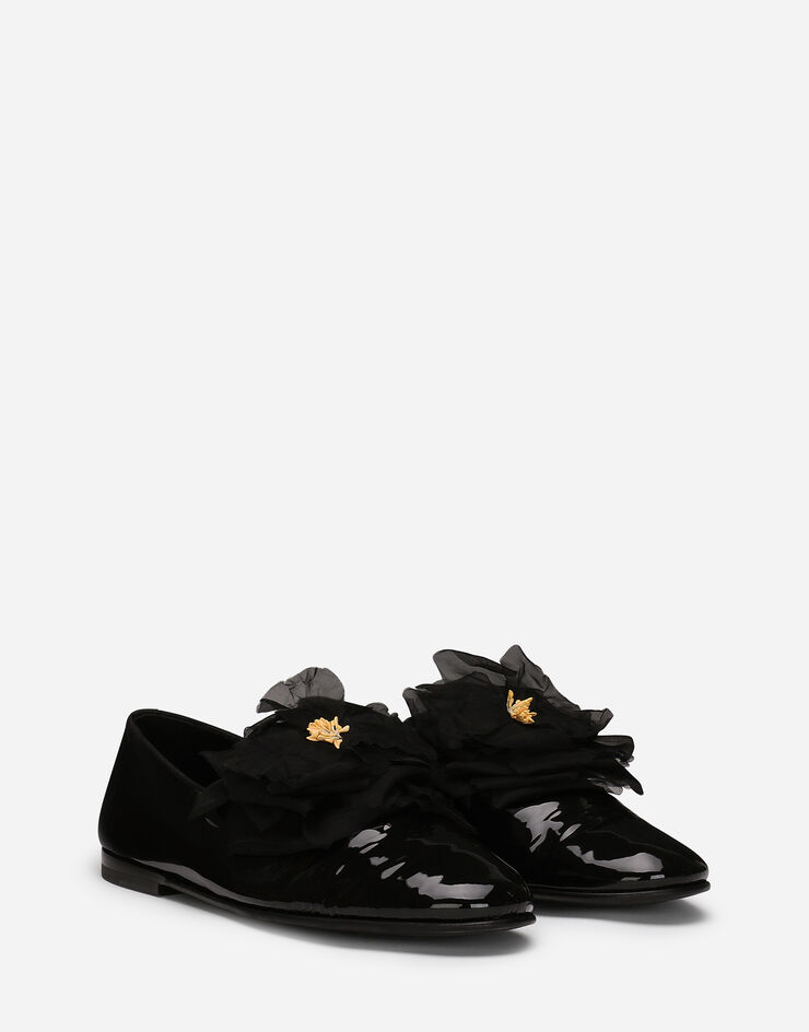 Dolce & Gabbana Slippers en cuir verni avec fleur appliquée Noir A50645A3G48