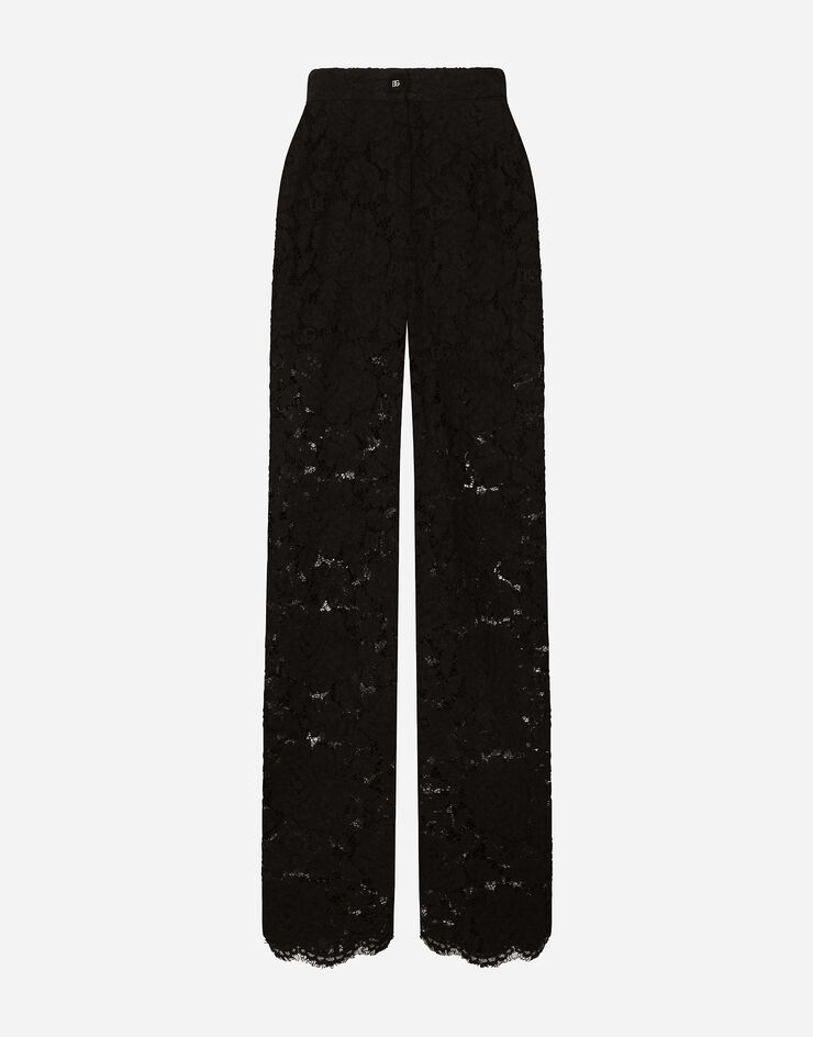 Dolce & Gabbana Pantaloni flare in pizzo cordonetto floreale logato DG Nero FTCPTTGDCLZ