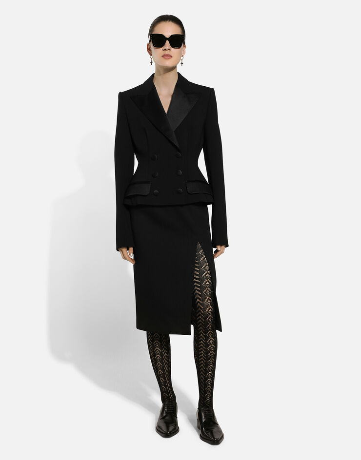 Dolce & Gabbana Calf-length wool gabardine skirt with slit Black F4CXHTFU28J