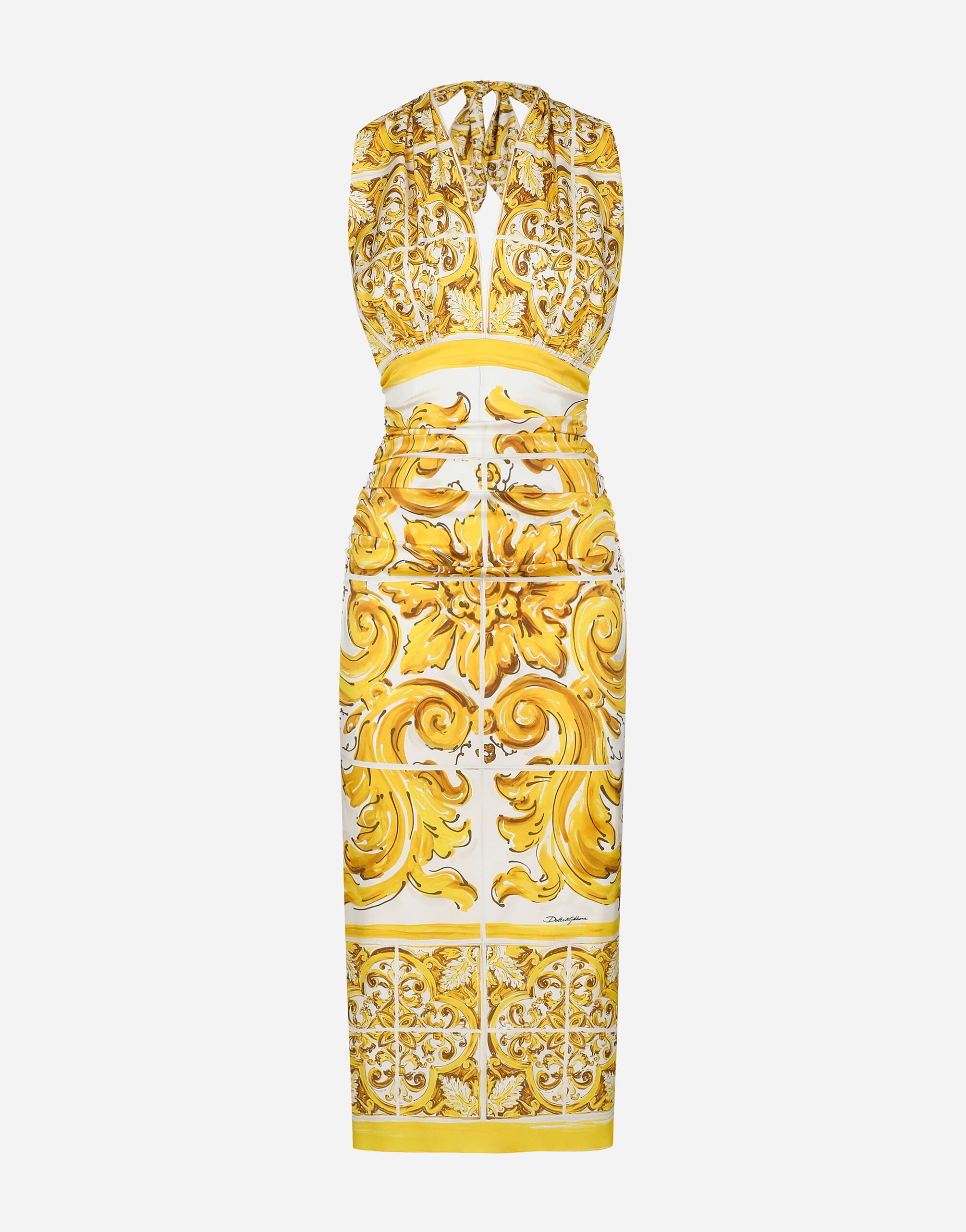 Dolce & Gabbana Midi dress with corset bodice in majolica-print silk charmeuse Yellow F6AMRTHJMOK