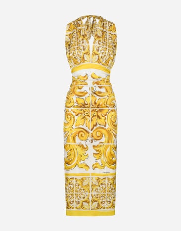 Dolce & Gabbana Платье миди из шелкового шармеза с принтом майолики и завязкой за шеей Отпечатки F6ADLTHH5A0