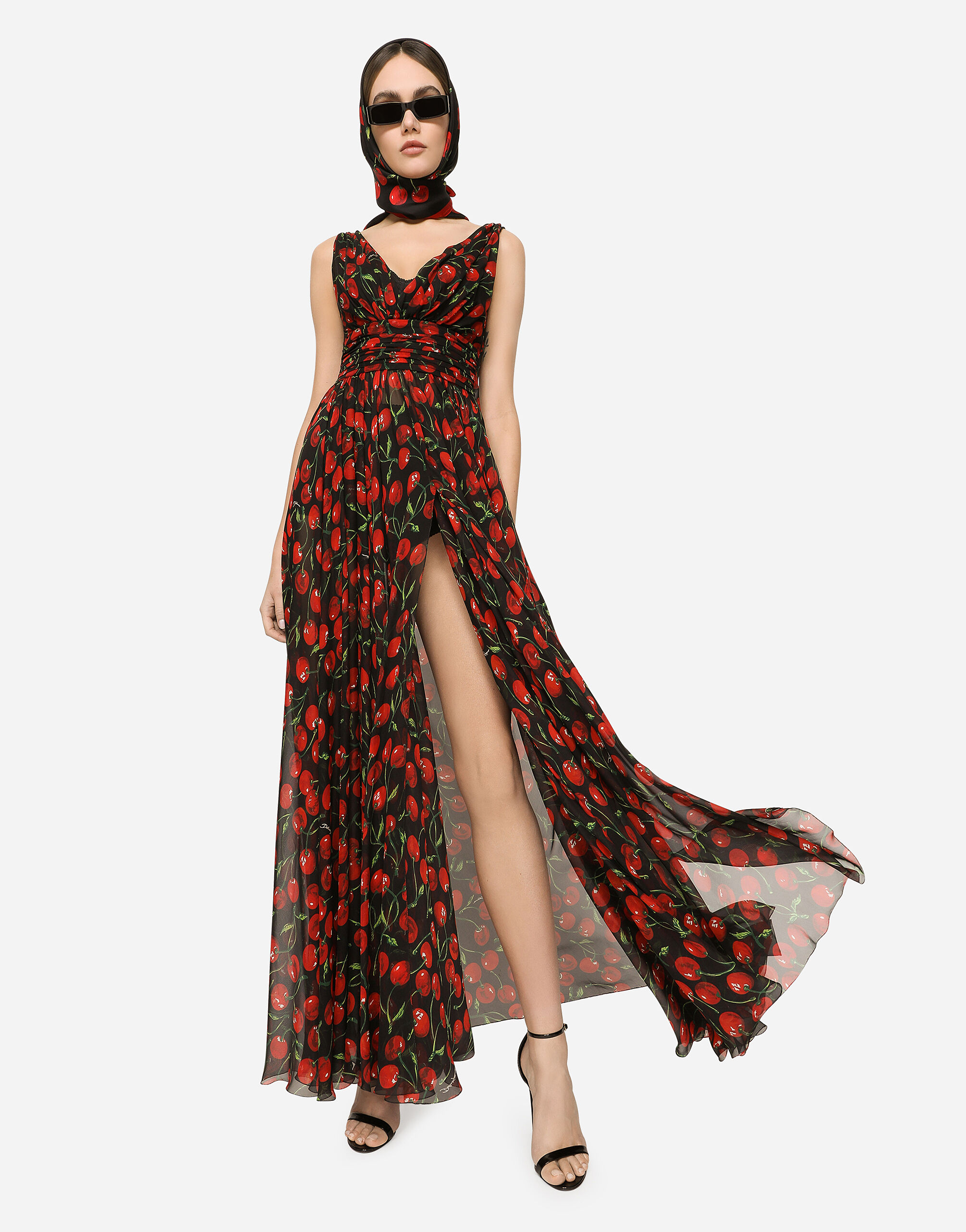 Long cherry-print chiffon dress