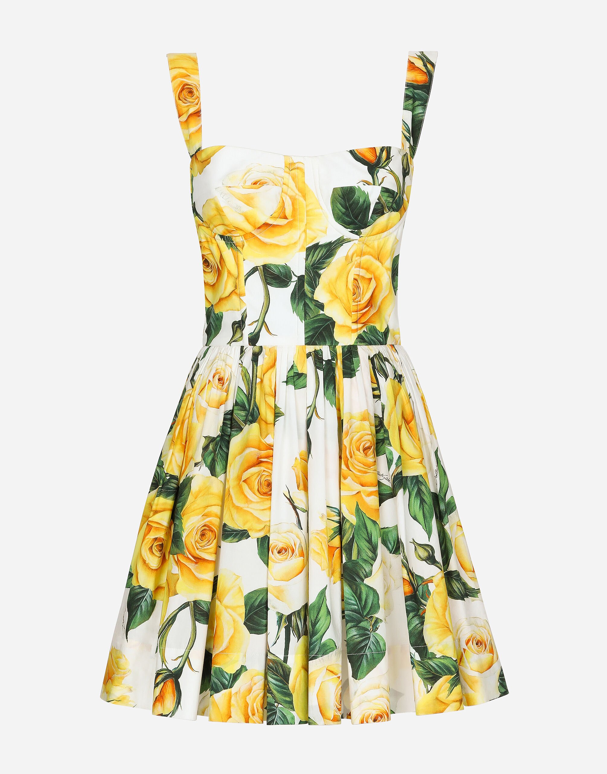 ${brand} Short cotton corset dress with yellow rose print ${colorDescription} ${masterID}