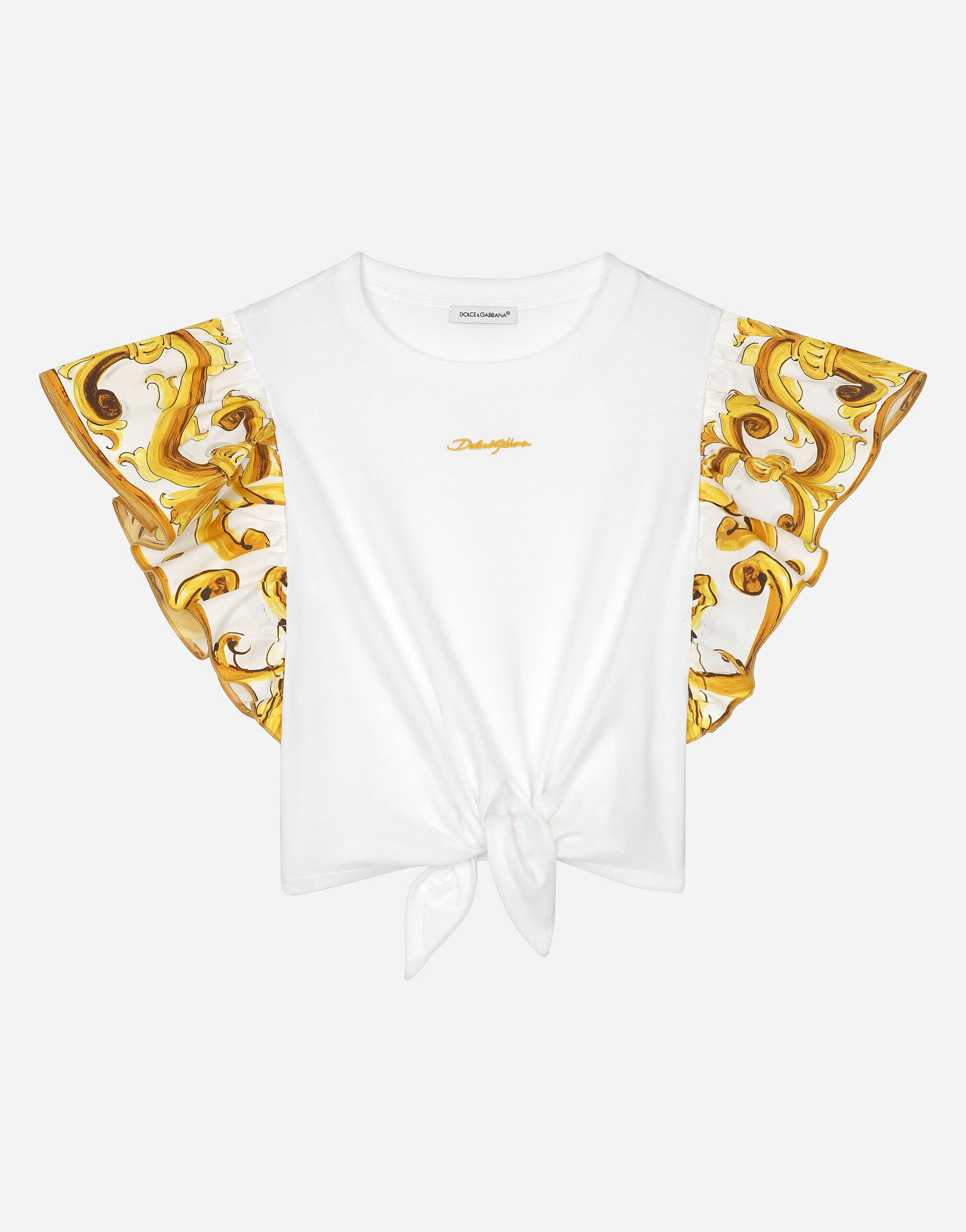 Dolce & Gabbana Jersey T-shirt with yellow majolica print and Dolce&Gabbana logo White L5JTAZG7B6N