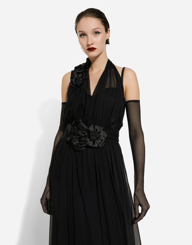 Dolce&Gabbana Long silk chiffon dress with floral appliqué Negro F6DJSTFU1AT